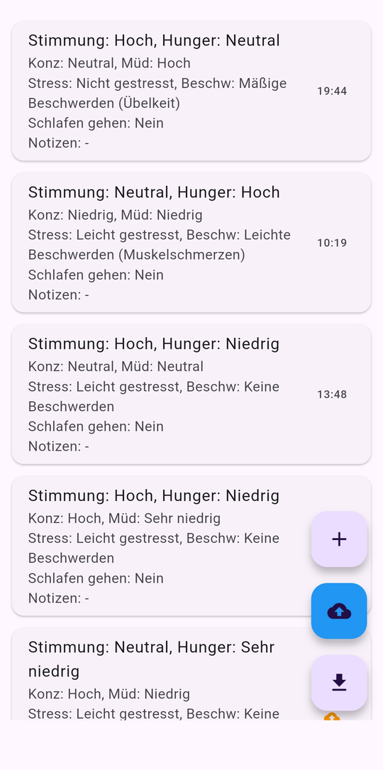 Liste bereits erfasster Stimmungseinträge in der Flutter-App mit Uhrzeit und Kurzfassung der Werte