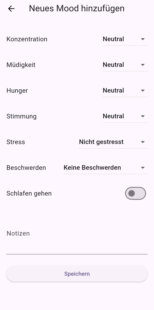 Eingabemaske der Flutter-App für die Stimmung mit Auswahlfeldern für Konzentration, Müdigkeit, Hunger, Stimmung und Stress