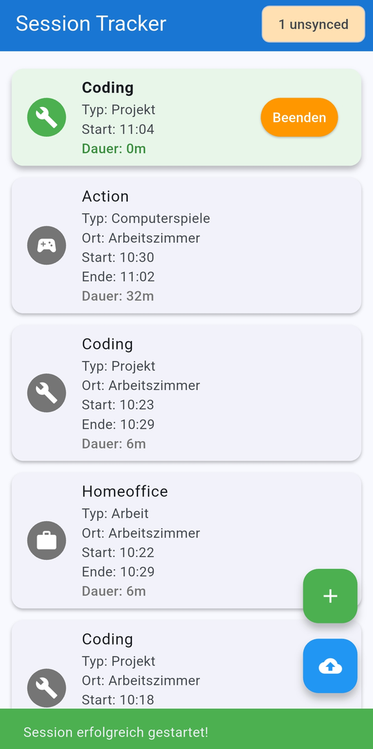 Flutter-App für Aktivitäten mit einer laufenden Session und den zuletzt beendeten Sessions